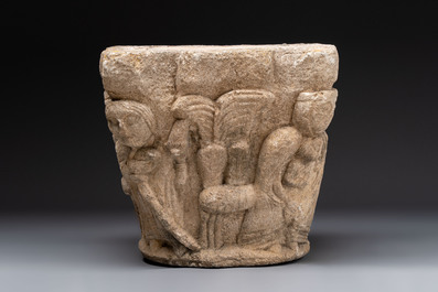 A carved figurative sandstone capital, France or Spain, probably 14th C.