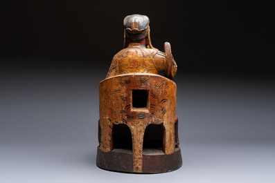 A large Chinese gilt-lacquered and polychrome wooden figure of Guandi, 19th C.