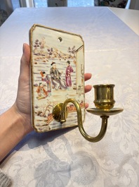 A pair of Chinese Canton famille rose 'Mandarin Subject' wall sconces, Qianlong