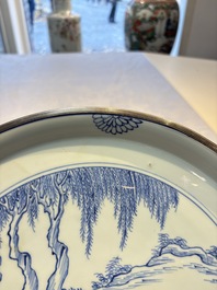 A rare Chinese silver-mounted blue and white 'Eight Horses of Mu Wang' dish, Kangxi
