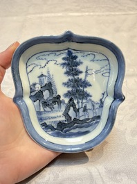 Three Japanese Arita blue and white &lsquo;Van Frytom&rsquo; cups and four shield-shaped saucers, Ming and Chenghua mark, ca. 1700