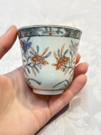 Five Chinese famille verte cups and saucers with floral design, 19th C.