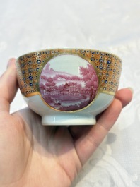 A Chinese famille rose puce-enamelled 'Riverscape' plate, cup and saucer, Jiaqing