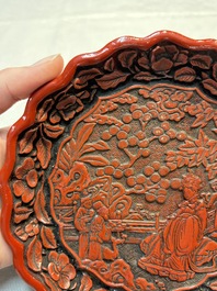 A fine Chinese red cinnabar lacquer flower-shaped 'Xi Wang Mu 西王母' dish, Ming