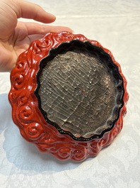 A fine Chinese red cinnabar lacquer flower-shaped 'Xi Wang Mu 西王母' dish, Ming