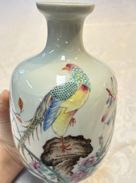 A pair of Chinese famille rose 'Pheasants' vases, Qianlong mark, Republic