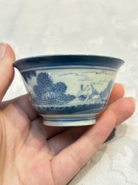 Three Japanese Arita blue and white &lsquo;Van Frytom&rsquo; cups and four shield-shaped saucers, Ming and Chenghua mark, ca. 1700