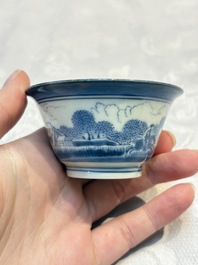 Three Japanese Arita blue and white &lsquo;Van Frytom&rsquo; cups and four shield-shaped saucers, Ming and Chenghua mark, ca. 1700