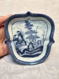 Three Japanese Arita blue and white &lsquo;Van Frytom&rsquo; cups and four shield-shaped saucers, Ming and Chenghua mark, ca. 1700