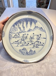 A rare Chinese silver-mounted blue and white 'Eight Horses of Mu Wang' dish, Kangxi