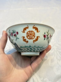 A Chinese famille rose coral-ground 'Gu' vase and a pair of 'Fu Lu Shou 福祿壽' bowls, Qianlong and Guangxu marks, 19th C.