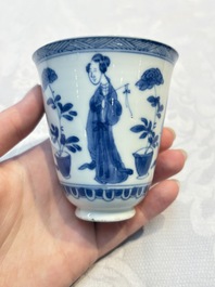 Three Chinese blue and white 'Elegant Beauties' cups and saucers, Chenghua and jade marks, Kangxi