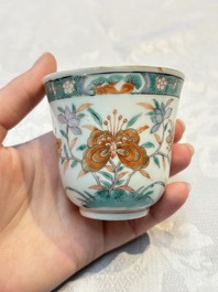 Five Chinese famille verte cups and saucers with floral design, 19th C.