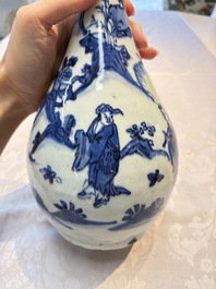 A rare Chinese blue and white 'Immortals' garlic-mouth bottle vase, Liao 料 mark, Wanli/Tianqi