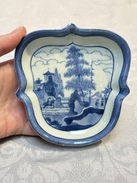 Three Japanese Arita blue and white &lsquo;Van Frytom&rsquo; cups and four shield-shaped saucers, Ming and Chenghua mark, ca. 1700