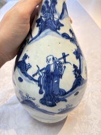 A rare Chinese blue and white 'Immortals' garlic-mouth bottle vase, Liao 料 mark, Wanli/Tianqi