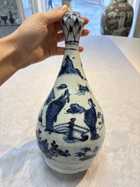 A rare Chinese blue and white 'Immortals' garlic-mouth bottle vase, Wanli/Tianqi
