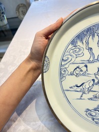 A rare Chinese silver-mounted blue and white 'Eight Horses of Mu Wang' dish, Kangxi