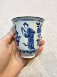 Three Chinese blue and white 'Elegant Beauties' cups and saucers, Chenghua and jade marks, Kangxi