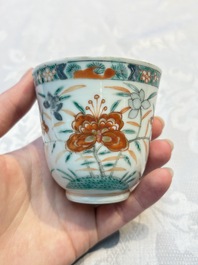 Five Chinese famille verte cups and saucers with floral design, 19th C.