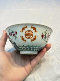 A Chinese famille rose coral-ground 'Gu' vase and a pair of 'Fu Lu Shou 福祿壽' bowls, Qianlong and Guangxu marks, 19th C.