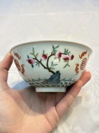 A Chinese famille rose coral-ground 'Gu' vase and a pair of 'Fu Lu Shou 福祿壽' bowls, Qianlong and Guangxu marks, 19th C.