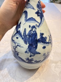 A rare Chinese blue and white 'Immortals' garlic-mouth bottle vase, Liao 料 mark, Wanli/Tianqi
