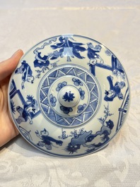 A Chinese blue and white 'Long Elizas and Playing Boys' bowl and cover, Chenghua mark, Kangxi