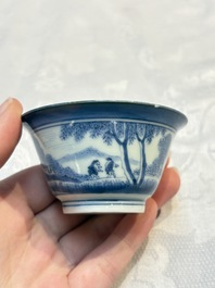 Three Japanese Arita blue and white &lsquo;Van Frytom&rsquo; cups and four shield-shaped saucers, Ming and Chenghua mark, ca. 1700