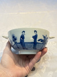 A Chinese blue and white 'Long Elizas and Playing Boys' bowl and cover, Chenghua mark, Kangxi