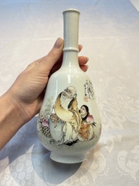A Chinese famille rose 'Shoulao' bottle vase, signed Wang Qi 王琦, Taozhai 匋斋 seal mark, dated 1943