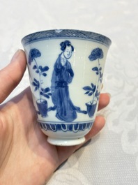 Three Chinese blue and white 'Elegant Beauties' cups and saucers, Chenghua and jade marks, Kangxi
