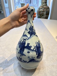 A rare Chinese blue and white 'Immortals' garlic-mouth bottle vase, Liao 料 mark, Wanli/Tianqi