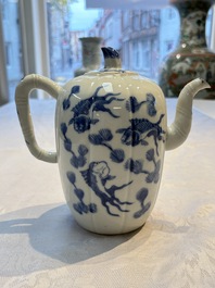 Two Chinese blue and white teapots and covers depicting goldfish and 'Wu Lao Guan Taiji 五老觀太極', Daoguang mark, 19th C.