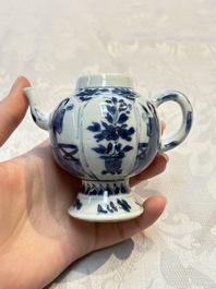 A Chinese blue and white covered ewer, a rose water sprinkler, a covered cup and saucer, jade 玉 and twin-fish mark, Kangxi