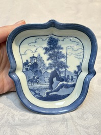 Three Japanese Arita blue and white &lsquo;Van Frytom&rsquo; cups and four shield-shaped saucers, Ming and Chenghua mark, ca. 1700