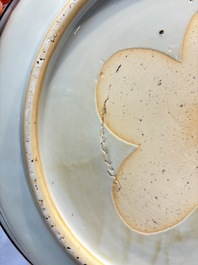 A rare Chinese silver-mounted blue and white 'Eight Horses of Mu Wang' dish, Kangxi