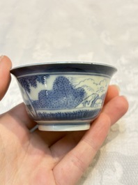 Three Japanese Arita blue and white &lsquo;Van Frytom&rsquo; cups and four shield-shaped saucers, Ming and Chenghua mark, ca. 1700
