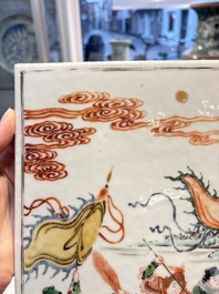 A Chinese famille verte 'Ma Yue Tan Xi 馬躍檀溪' plaque, 19th C.