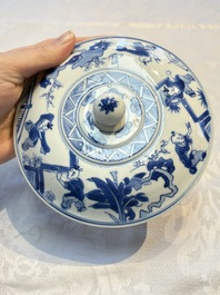 A Chinese blue and white 'Long Elizas and Playing Boys' bowl and cover, Chenghua mark, Kangxi