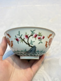 A Chinese famille rose coral-ground 'Gu' vase and a pair of 'Fu Lu Shou 福祿壽' bowls, Qianlong and Guangxu marks, 19th C.