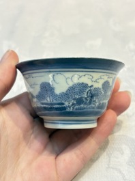 Three Japanese Arita blue and white &lsquo;Van Frytom&rsquo; cups and four shield-shaped saucers, Ming and Chenghua mark, ca. 1700