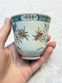 Five Chinese famille verte cups and saucers with floral design, 19th C.