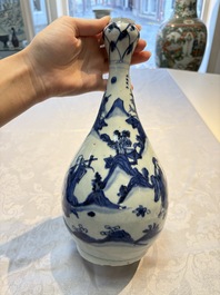 A rare Chinese blue and white 'Immortals' garlic-mouth bottle vase, Liao 料 mark, Wanli/Tianqi
