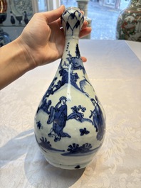 A rare Chinese blue and white 'Immortals' garlic-mouth bottle vase, Liao 料 mark, Wanli/Tianqi