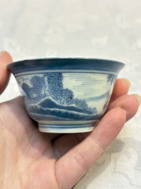 Three Japanese Arita blue and white &lsquo;Van Frytom&rsquo; cups and four shield-shaped saucers, Ming and Chenghua mark, ca. 1700