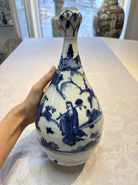 A rare Chinese blue and white 'Immortals' garlic-mouth bottle vase, Liao 料 mark, Wanli/Tianqi