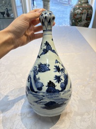 A rare Chinese blue and white 'Immortals' garlic-mouth bottle vase, Wanli/Tianqi