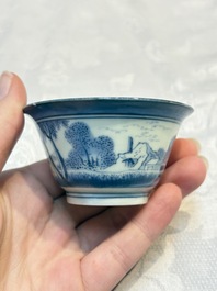 Three Japanese Arita blue and white &lsquo;Van Frytom&rsquo; cups and four shield-shaped saucers, Ming and Chenghua mark, ca. 1700