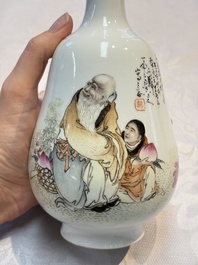 A Chinese famille rose 'Shoulao' bottle vase, signed Wang Qi 王琦, Taozhai 匋斋 seal mark, dated 1943
